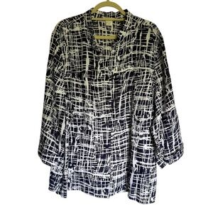 Tweeds Navy White Abstract Print 100% Linen Button Down Blouse Plus Size‎ 3X